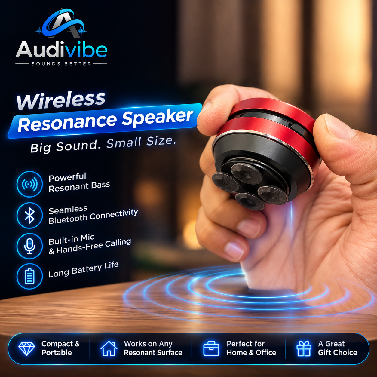 Audivibe Wireless Bone Conduction Resonant Speaker | Powerful Bass & Bluetooth